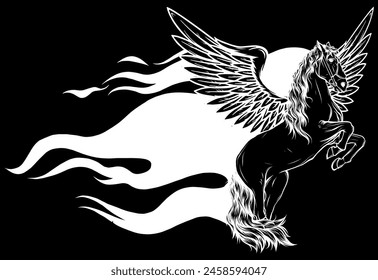 white silhouette of Pegasus with flames on black background