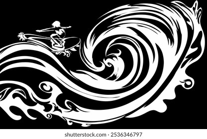 white silhouette of a person surfing on the sea, riding the waves on a black background