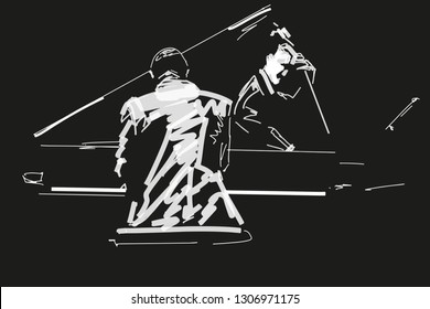 White silhouette of pianist and bass player on black background. Jazz illustration. Vector.