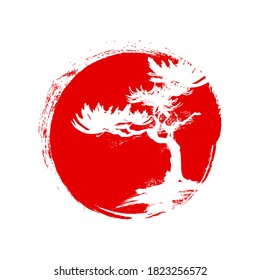 White silhouette of a pine tree in red circle. Vector illustration.