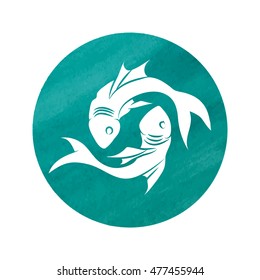 white silhouette of pisces are on green background. Vector illustration