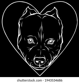 white silhouette of pitbull head dog in heart vector illustration