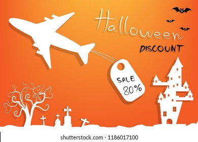 White Silhouette Plane with castle on Spooky forest in Halloween night 