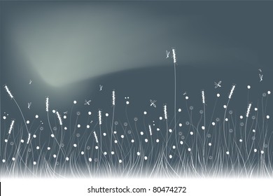 White silhouette plants and butterfly at night