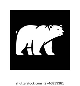 a white silhouette of a polar bear standing on all fours, facing to the right, against a solid black square background with a white border