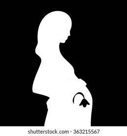 White silhouette of pregnant woman, black background. Pregnancy problem. Missed abortion. Illustration for web or typography (magazine, brochure, flyer, poster)