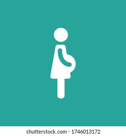 white silhouette of pregnant woman in dress isolated on turquoise background.  Flat icon isolated on white.  Vector Flat mother and motherhood icon. Pregnancy icon.