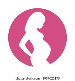 White silhouette of pregnant woman on pink background