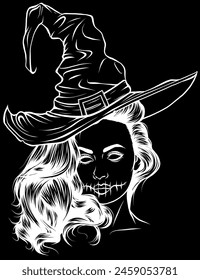 white silhouette of Pretty witch with hat on black background. Vector hand drawn illustration