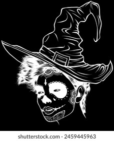 white silhouette of Pretty witch with hat on black background. Vector hand drawn illustration