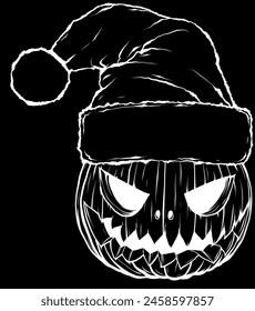 white silhouette of pumpkin with a face in a christmas hat smiling. isolated on black background