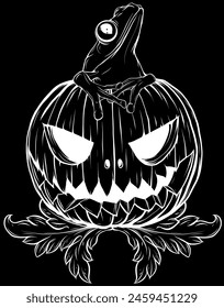 white silhouette of Pumpkin with frog. vector illustration on black background