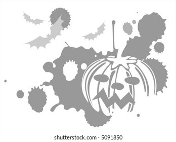 White silhouette of a pumpkin on a grey grunge background with bats.