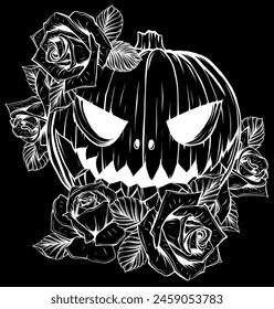 white silhouette of Pumpkin with Roses Distressed Halloween on black background