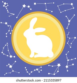 White silhouette rabbit or bunny shape on yellow full moon with 12 white constellations in the zodiac family isolated on blue background.  Flat design for Mid autumn day and moon festival. 