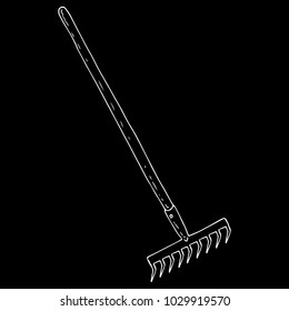 White silhouette of a rake with a long handle on a black background. Garden tools. Rake with sharp teeth. Vector illustration. 
