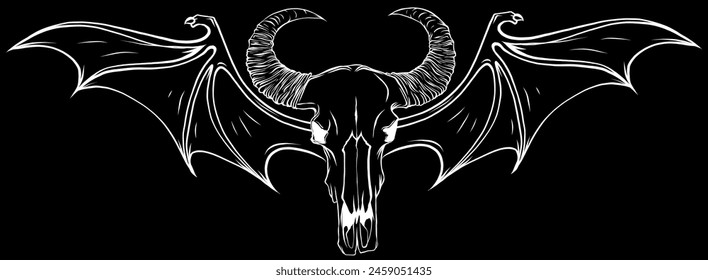 Silueta blanca de Rams Head Skull con alas sobre fondo negro Vector logo ilustraciones