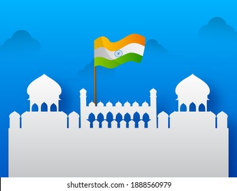 White Silhouette Red Fort Monument With Indian Flag On Blue Background.