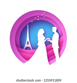 White silhouette of romantic lovers with Eiffel tower in Paris paper cut style. Love. Origami couple. Valentines day. Lovely girl and boy. Marry me. Pink. Vector.