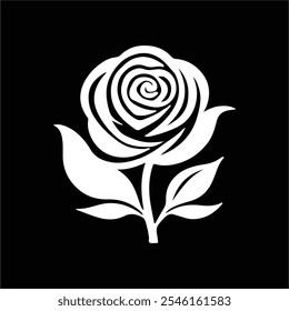 White silhouette of rose with leaves on black background