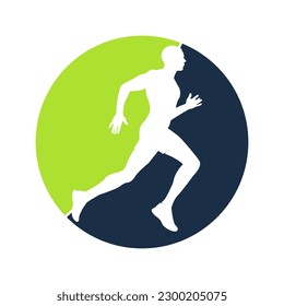 White silhouette of a running man with a circle of two-tone blue and green. 