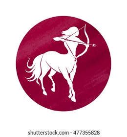 White silhouette of Sagittarius are on watercolor red background. Vector illustration
