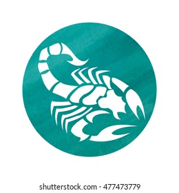 White silhouette of Scorpio are on green watercolor background. Vector illustration