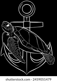 white silhouette of sea turtle with anchor on black background