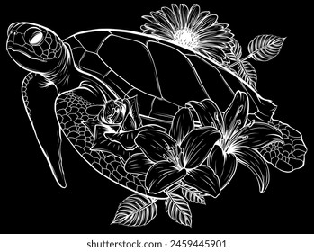 white silhouette of sea turtle with flower on black background vector illustration