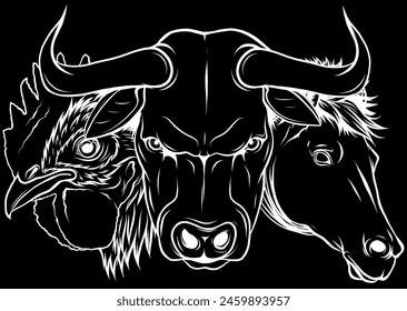 white silhouette of Set of popular vector farm animals on black background