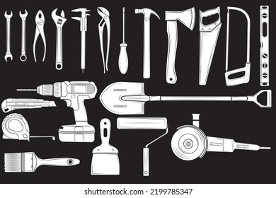 White silhouette of a set of tools for repairs in the house isolated on a black background. Repair tool. vector illustration