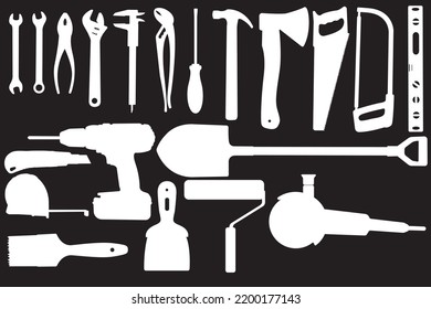 Weiße Silhouette von einem Satz von Werkzeugen für Reparaturen im Haus einzeln auf schwarzem Hintergrund. Reparaturwerkzeug. Vektorgrafik
