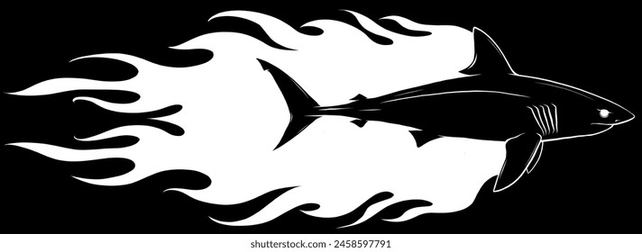 white silhouette of Shark, Abstract Flame Furious Marine Predator on black background vector illustration