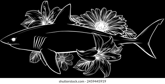 white silhouette of shark outline with flowers and leaves on black background