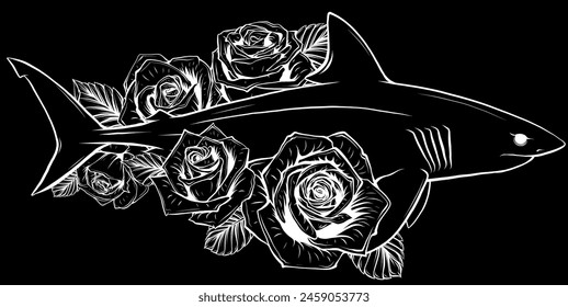 white silhouette of shark with rose flower on black background