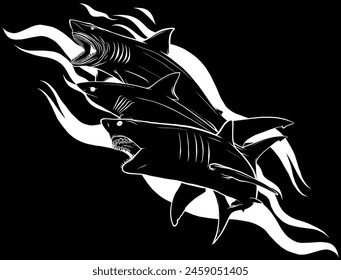 white silhouette of sharks on black background