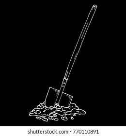 White silhouette  of shovel on black background. A tilted shovel with a wooden handle. Bayonet shovel. The spade stuck into the ground. Vector illustration.