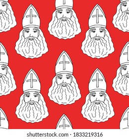 White silhouette of Sinterklaas on a bright red background. Hand-drawn simple vector seamless pattern for New Year, Christmas design. Traditional holiday, the day of St. Nicholas. Gift wrapping.