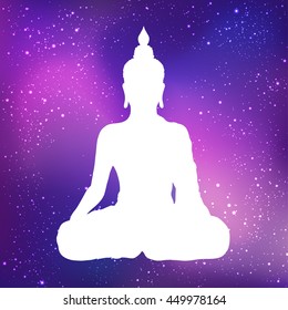 White silhouette of sitting Buddha with space and stars outside. Vector illustration. Vintage composition. Indian, Buddhism, Spiritual. Tattoo, yoga, spirituality