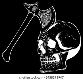 white silhouette of skull with ax on black background