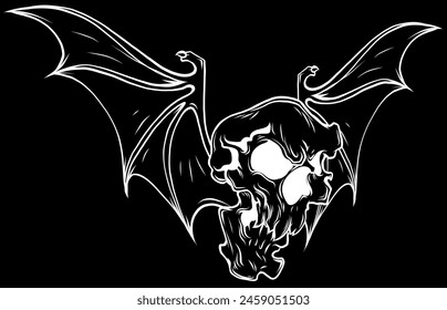 white silhouette of skull and bat wing on black background vector illustration design