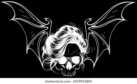 white silhouette of skull and bat wing on black background vector illustration design