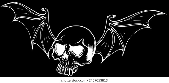 white silhouette of skull and bat wing on black background vector illustration design