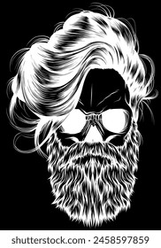 white silhouette of skull with beard on black background