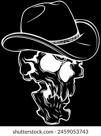 white silhouette of Skull cowboy on black background. digital hand draw design