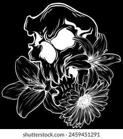 white silhouette of Skull and Flowers Vector Illustration Day of The Dead. digital hand draw