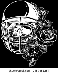 white silhouette of Skull In Football Helmet with roses vector illustration on black background