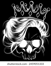 white silhouette of Skull girl with a crown on black background. vector illustration design