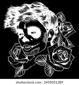 white silhouette of skull girl with roses. Skull sugar flower on black background