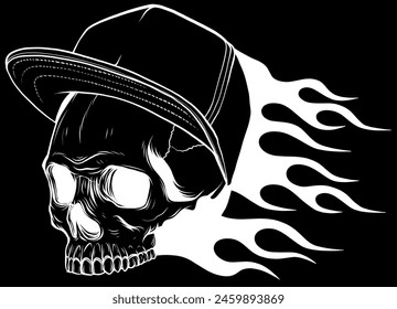 white silhouette of skull with hat and flames on black background vector illustration